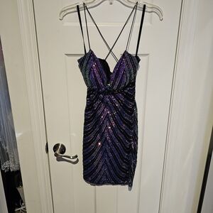 Windsor multicolor short sparkle dress spaghetti strap deep V and cross back